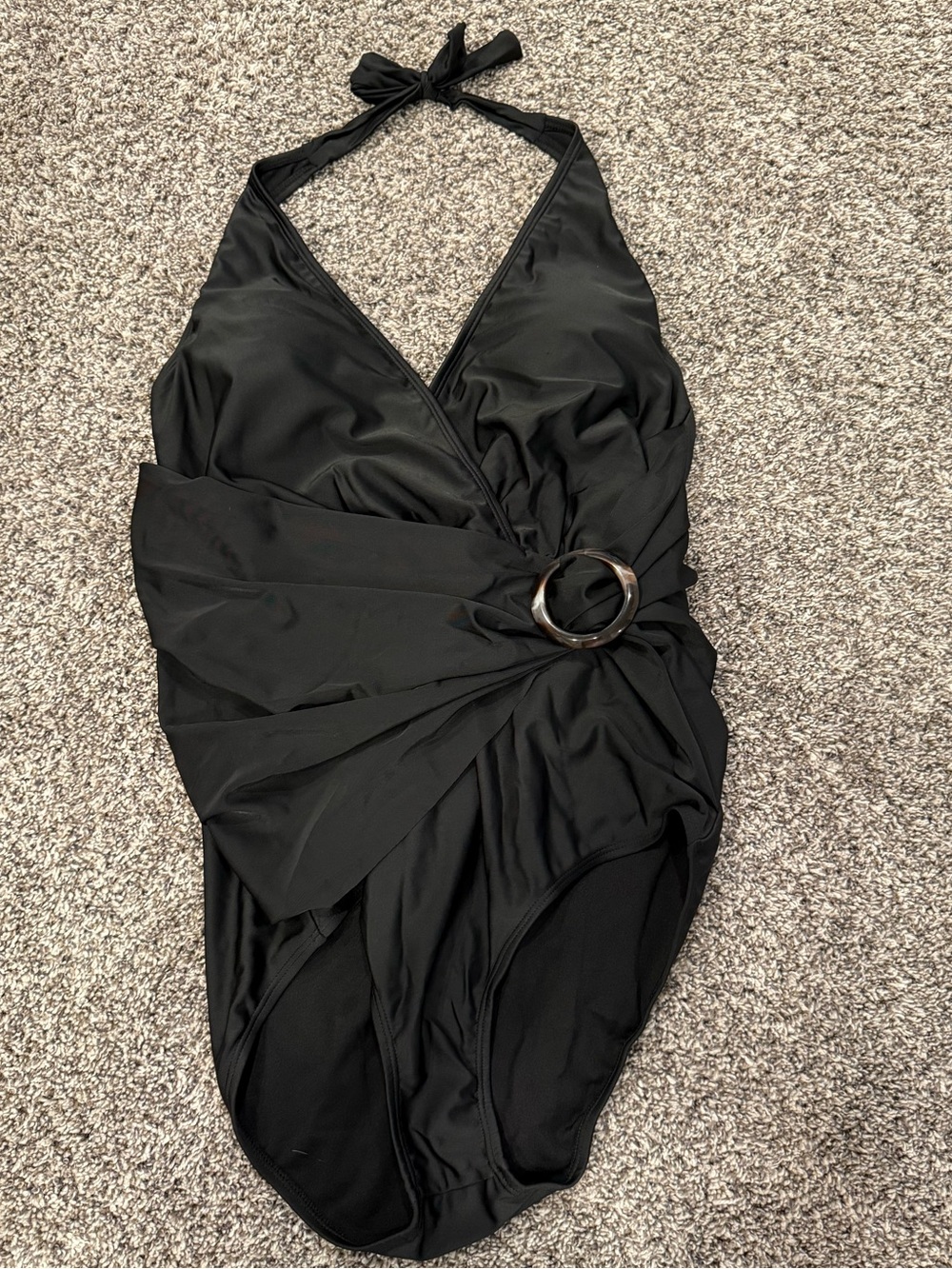 Micas Black One Piece Swimsuit XXL Halter Ruched Wrap Tortoise Ring NWOT